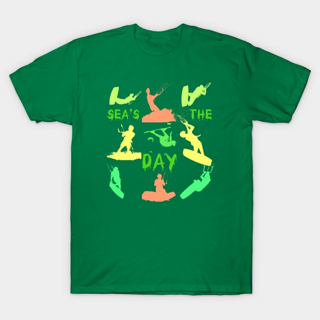 Kitesurfer Silhouette Pattern With Seas The Day Quote T-Shirt by taiche